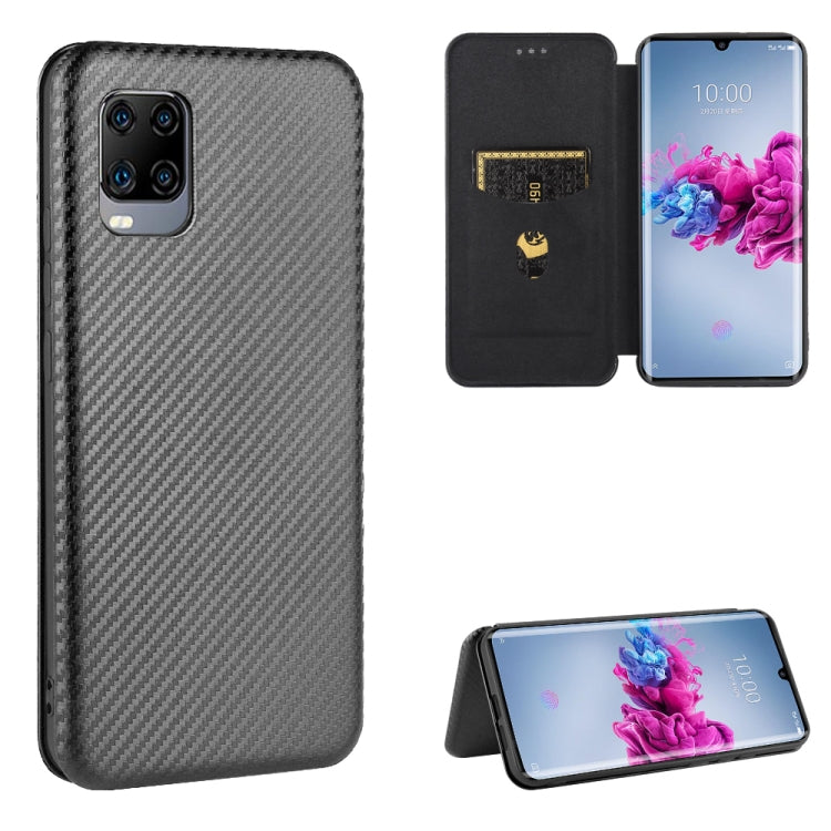 Gray carbon-fiber textured flip phone case with card slot and landscape kickstand