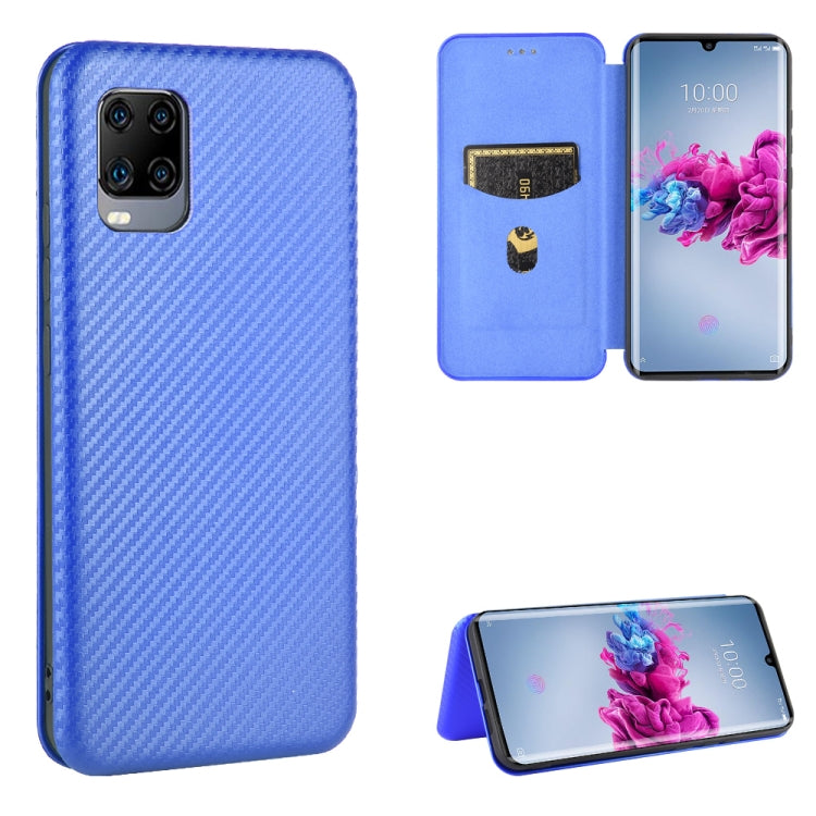 Magnetic flip phone case with carbon fiber texture, card slot, in blue with kickstand view