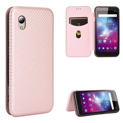 Magnetic flip phone case with carbon fiber texture, card slot, in pale pink