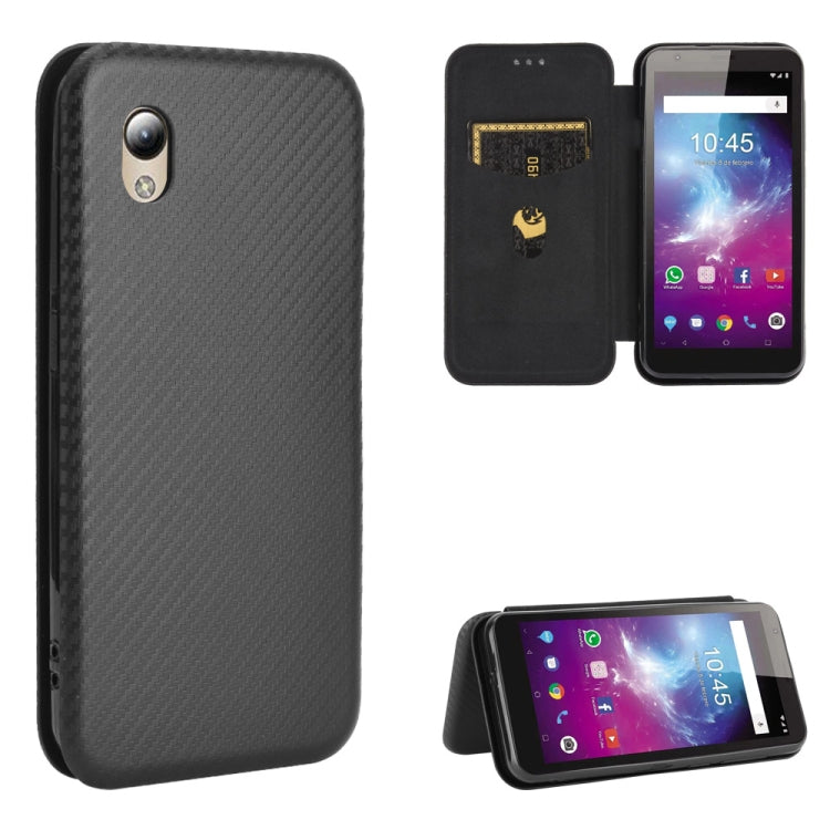 Black carbon-fiber textured flip phone case with card slot and stand view
