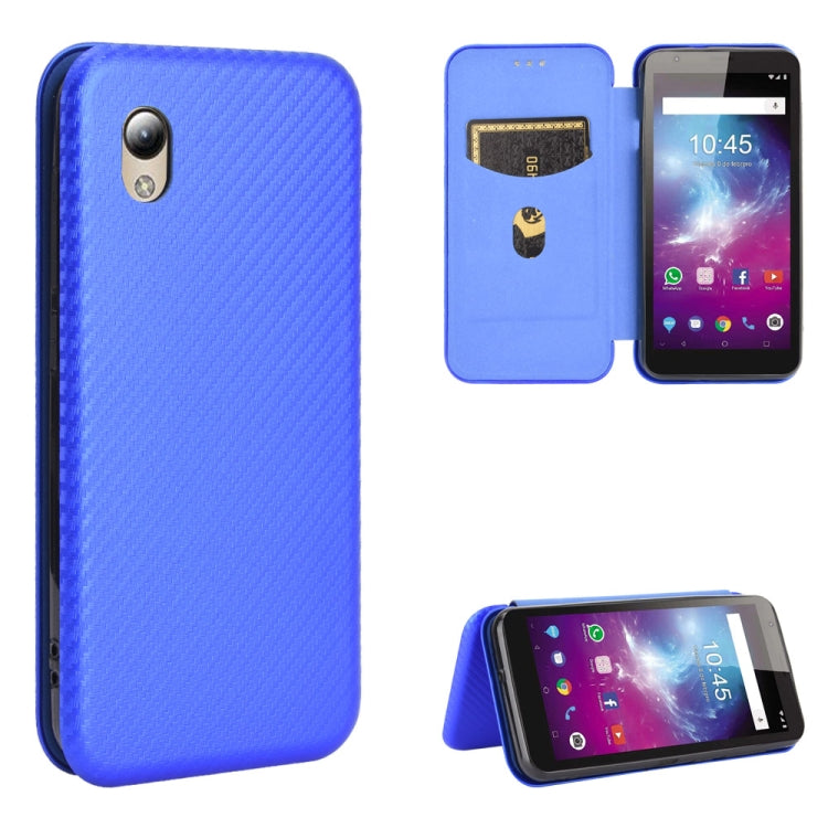 Magnetic flip phone case with carbon fiber texture, card slot, in bright blue