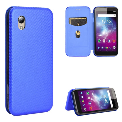 Magnetic flip phone case with carbon fiber texture, card slot, in bright blue