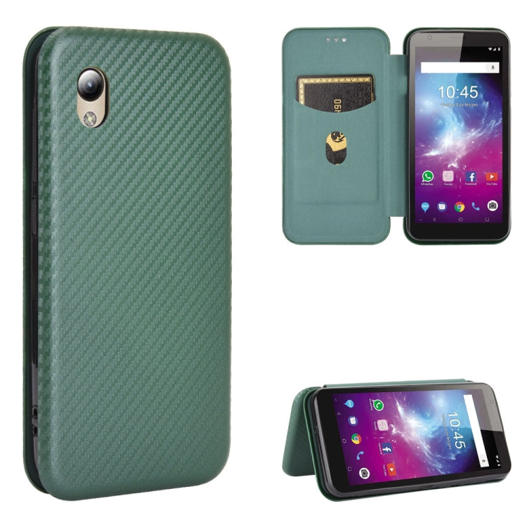 Carbon fiber texture magnetic flip phone case with card slot, teal/green.
