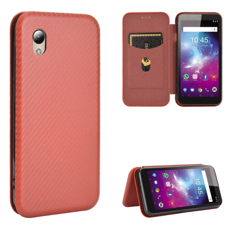 Carbon fiber texture magnetic flip phone case with card slot, coral pink, kickstand view.