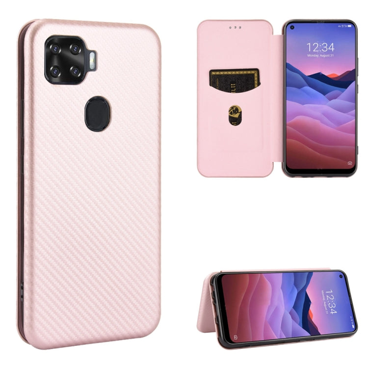 Magnetic flip phone case with carbon fiber texture, card slot, in light pink