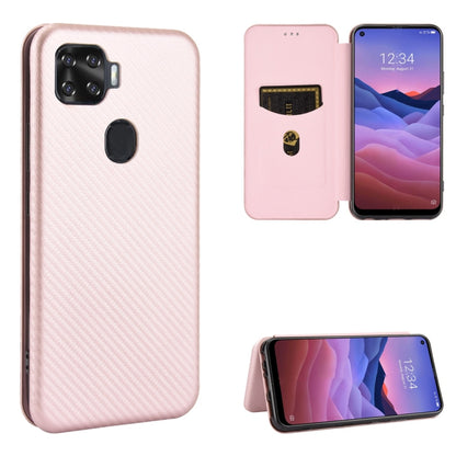 Magnetic flip phone case with carbon fiber texture, card slot, in light pink