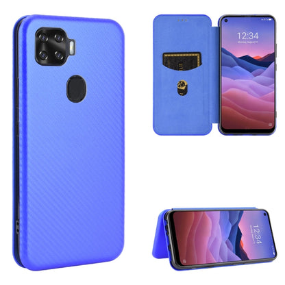 Magnetic flip phone case with carbon fiber texture, card slot, in light blue