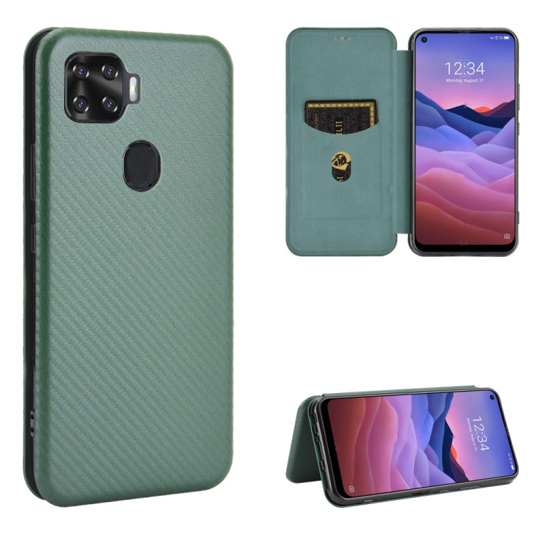 Carbon fiber texture magnetic flip phone case with card slot, teal/green, rear view.