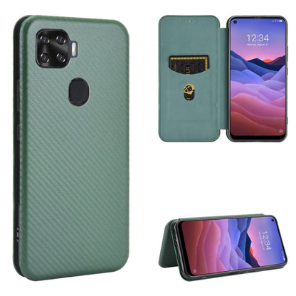 Carbon fiber texture magnetic flip phone case with card slot, teal/green, rear view.