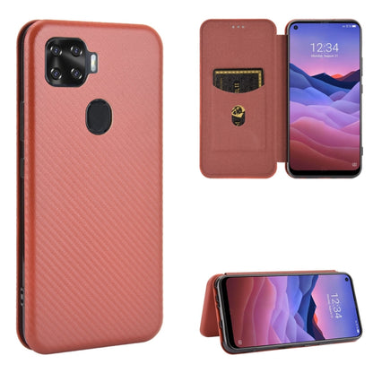 Carbon fiber texture magnetic flip phone case with card slot, dusty rose, rear and stand.