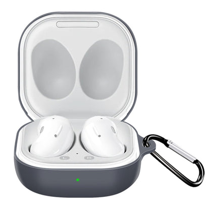 Open dark gray silicone earphone case with hook, holding white earbuds for Galaxy Buds Live