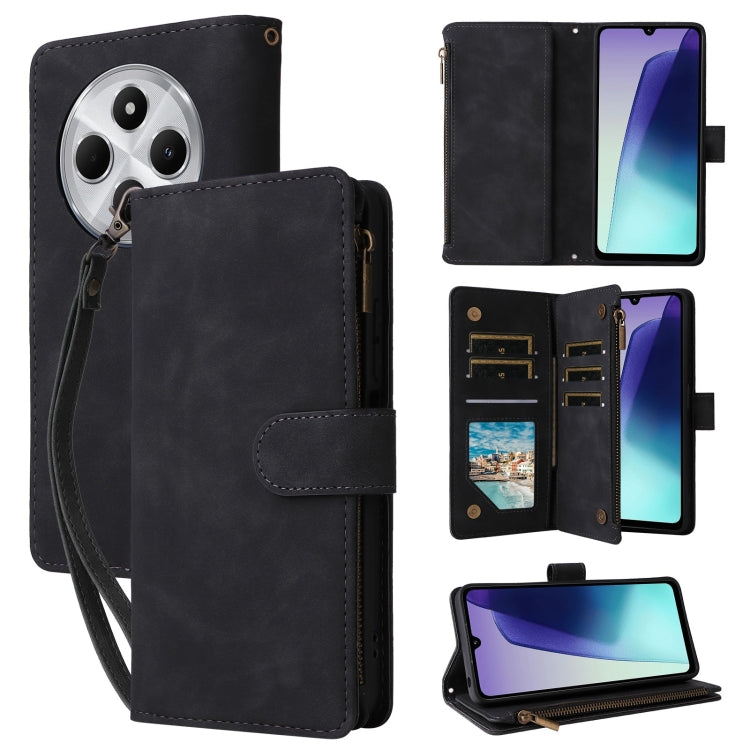 Black leather wallet phone case with zipper, card slots, and wrist strap.