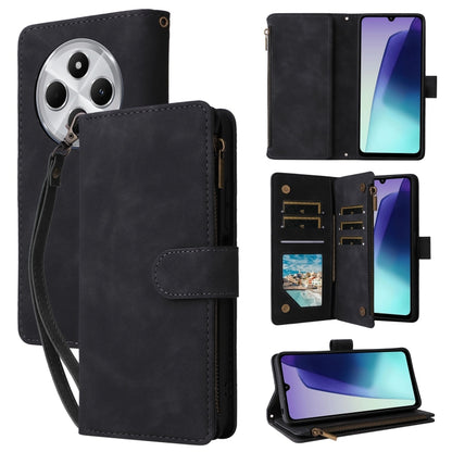 Black leather wallet phone case with zipper, card slots, and wrist strap.