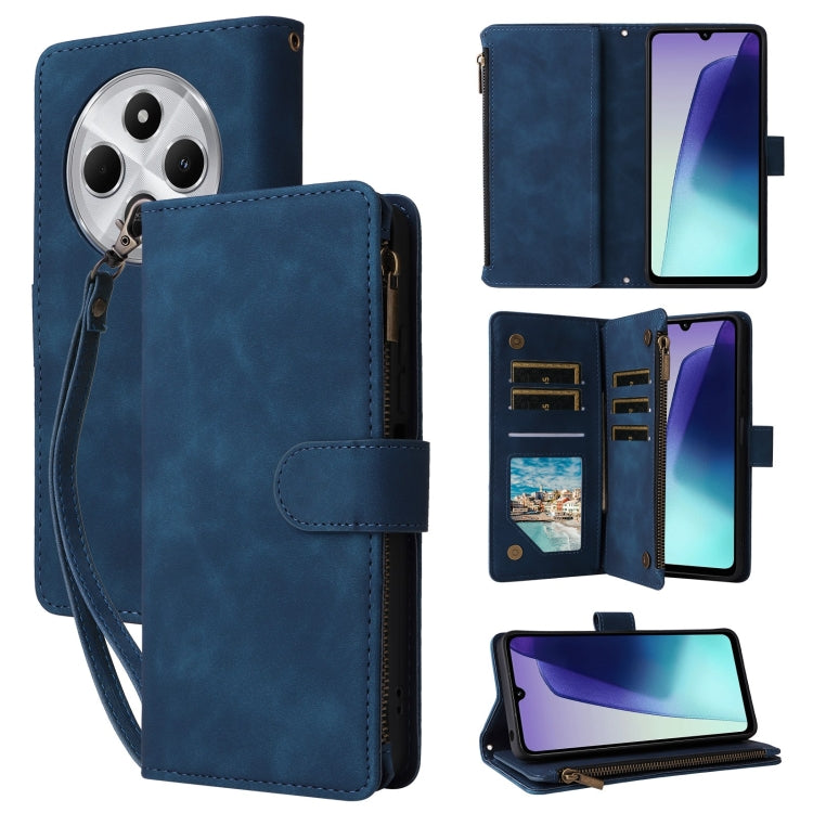 Blue leather wallet phone case with zipper, card slots, and wrist strap.