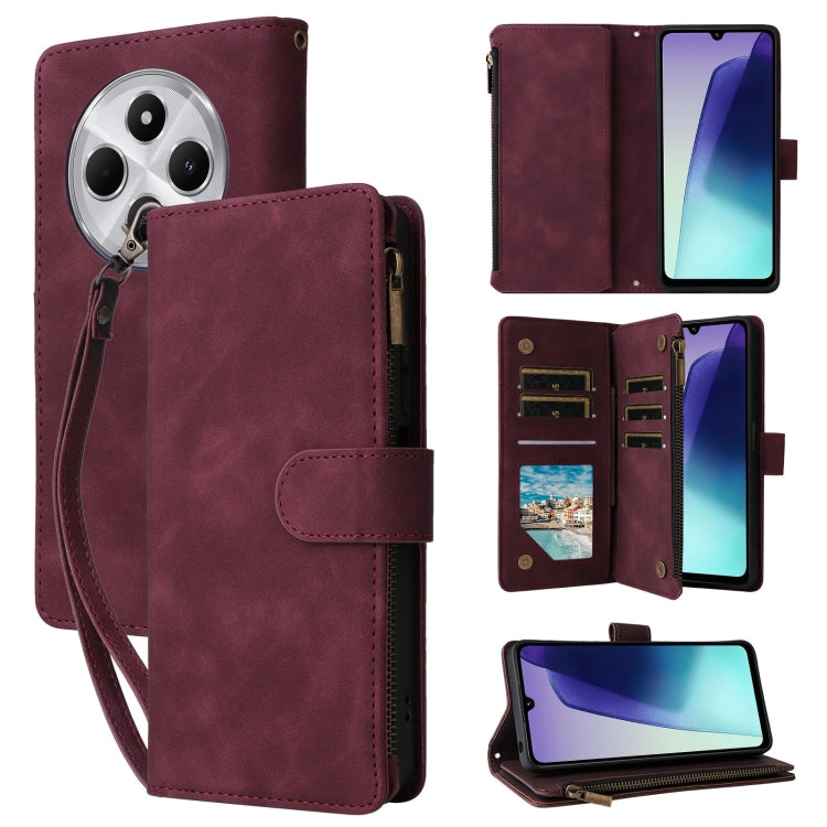 Wine red leather wallet phone case with zipper, card slots, and wrist strap.