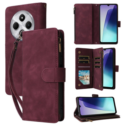 Wine red leather wallet phone case with zipper, card slots, and wrist strap.