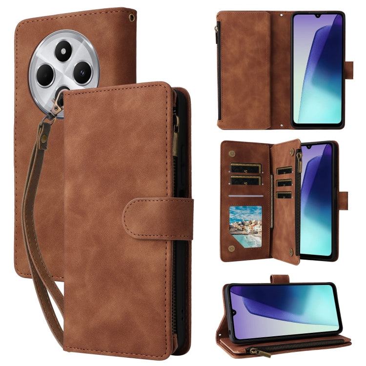 Brown leather wallet phone case with zipper, card slots, and wrist strap.