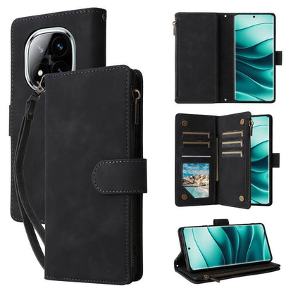 Black leather wallet phone case with frosted back, front flap, and zip closure