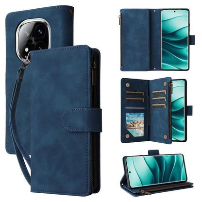 Blue leather wallet phone case with frosted back, card pocket, and zip closure