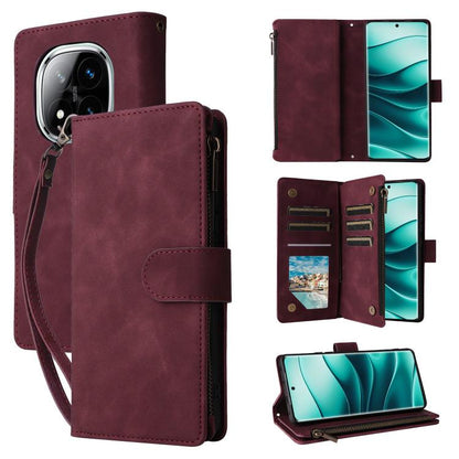 Burgundy leather wallet phone case with frosted back, front flap, and zip closure