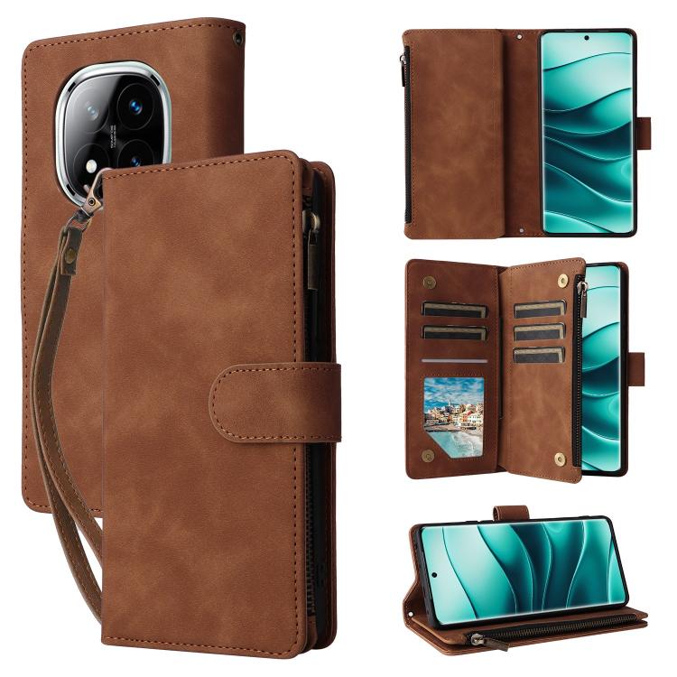 Coffee brown leather wallet phone case with frosted back, card slots, and zip closure