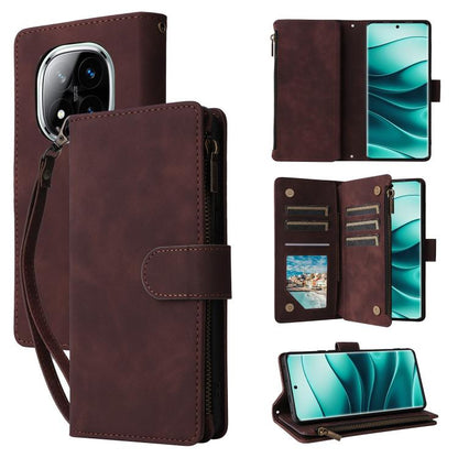 Burgundy leather wallet phone case with strap, frosted back, and zip closure