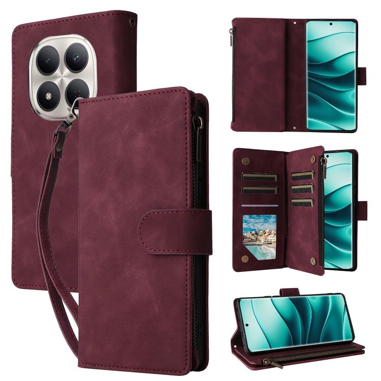 Burgundy leather-look phone wallet case with zipper, card holder, and strap