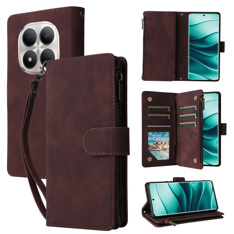 Burgundy leather-look wallet phone case with zipper, card slots, and wrist strap