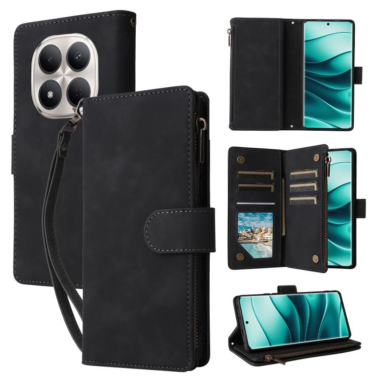 Black leather-look wallet phone case with zipper, card slots, and wrist strap