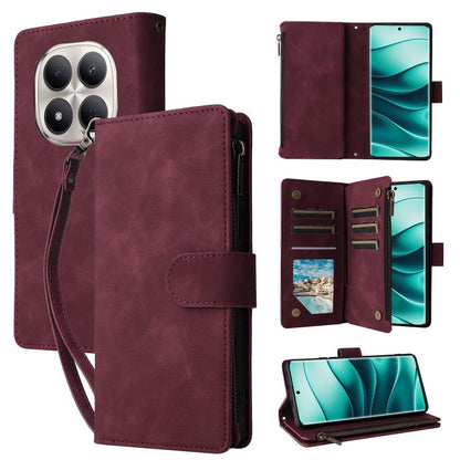 Burgundy leather-look phone wallet case with zipper, card holder, and strap