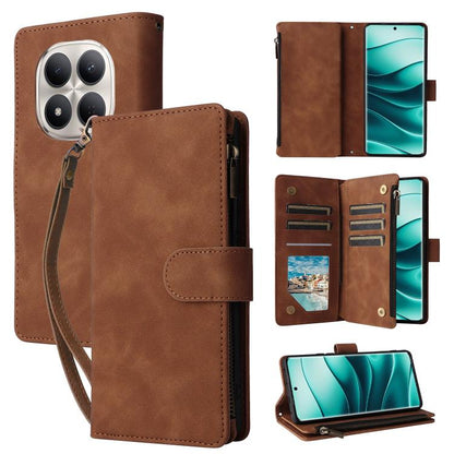 Brown leather-look wallet phone case with zipper, card slots, and wrist strap