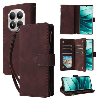 Wine red leather wallet phone case with zipper, card slots, and wrist strap.