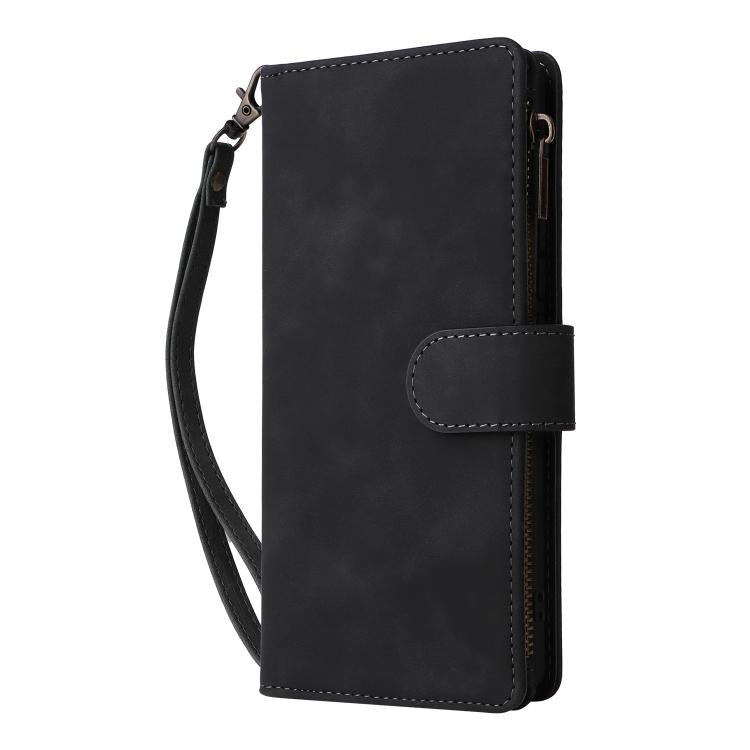 Black leather folio wallet phone case with side zipper and fold-over cover with strap.