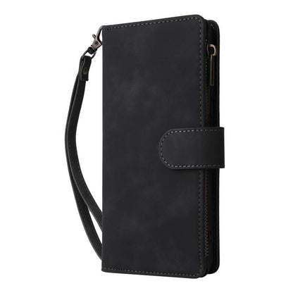 Black leather folio wallet phone case with side zipper and fold-over cover with strap.