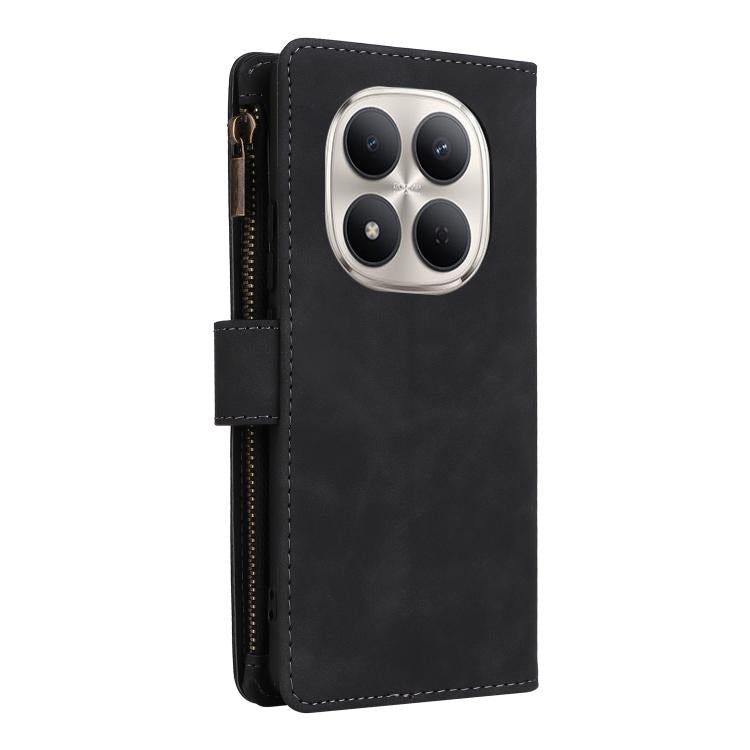 Black leather phone wallet case with front camera cutout and side zipper opening.
