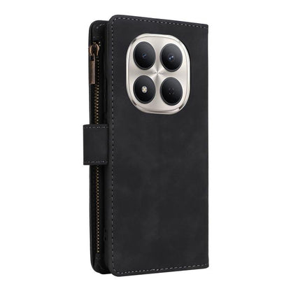 Black leather phone wallet case with front camera cutout and side zipper opening.