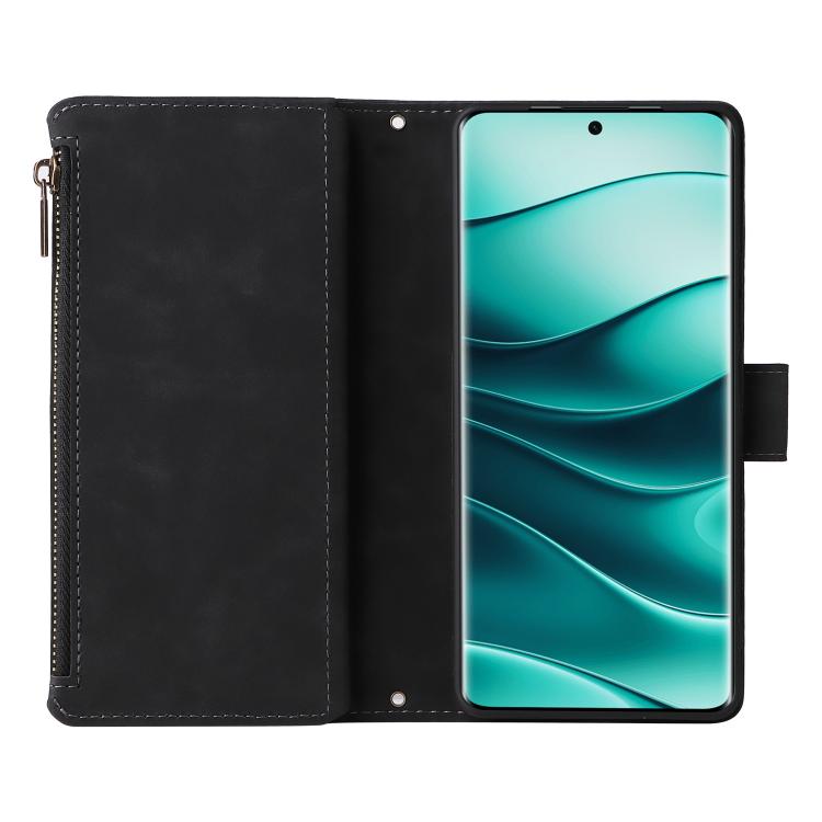 Black leather flip phone wallet case with open front and built-in phone holder cutout.