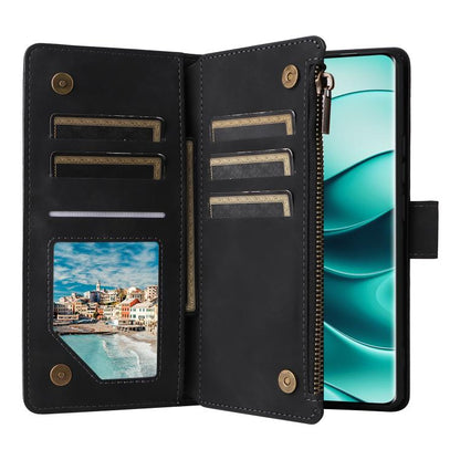 Black leather wallet phone case with card slots and zippered storage on the inside.