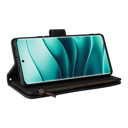 Black leather wallet phone case with zippered pouch and phone secured in a folio cover.