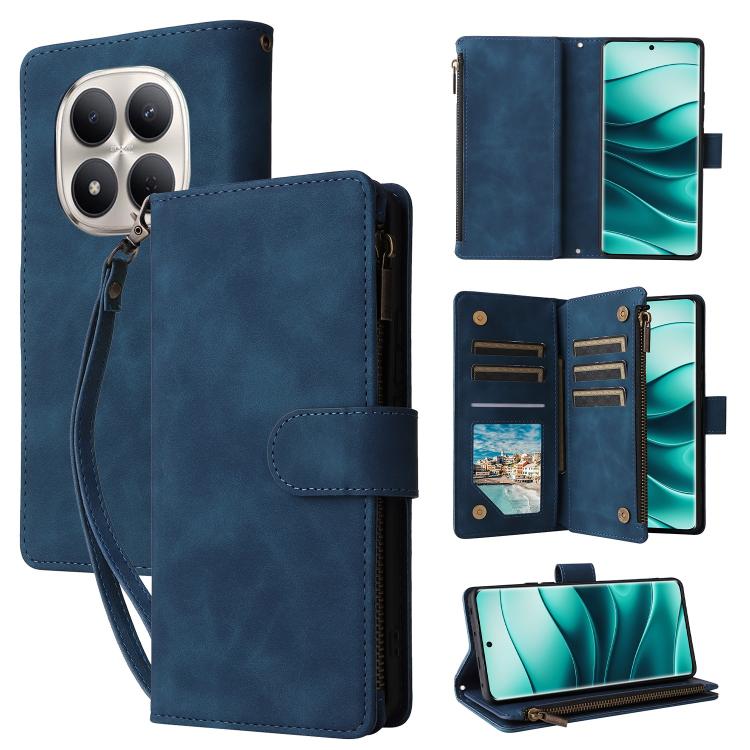 Blue leather folio wallet phone case with zip closure, card slots, and wrist strap.