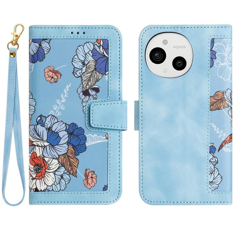 Floral Pattern Leather Phone Case with Lanyard, For Sharp Aquos wish6, For Sharp Aquos R11, For Sharp Aquos Sense9
