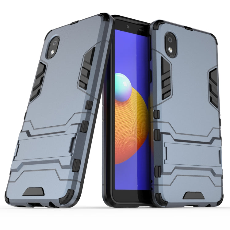 Rugged phone case, dual-layer PC+TPU armor, light blue/gray with camera cutouts