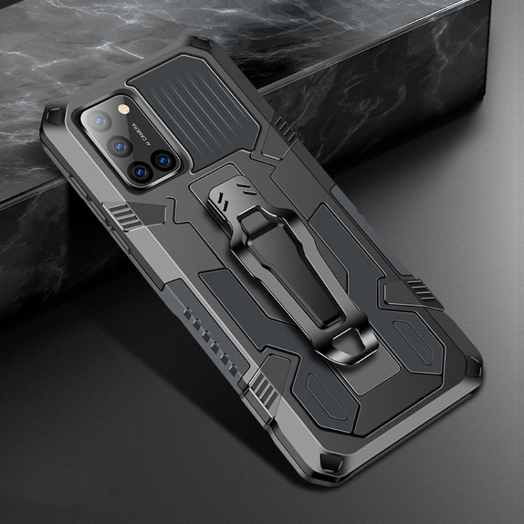 Rugged shockproof phone case with matte grey armor panel, TPU+PC, belt clip and kickstand