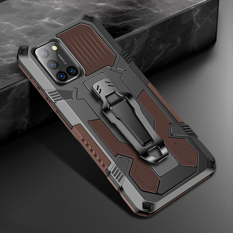 Rugged shockproof phone case with brown armor panel, TPU+PC, belt clip and kickstand