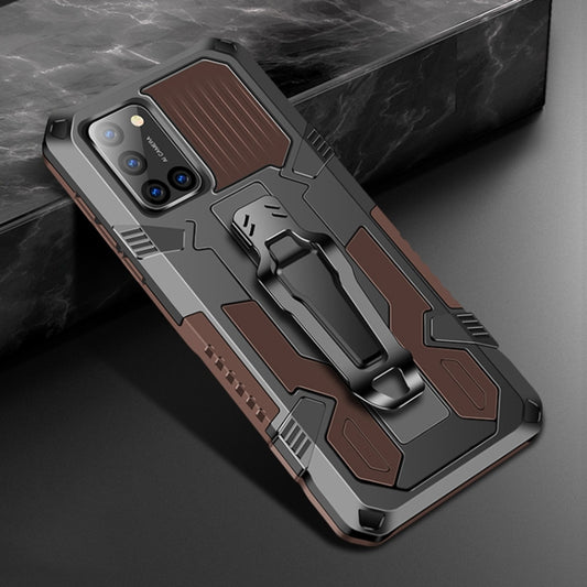 Rugged shockproof phone case with brown armor panel, TPU+PC, belt clip and kickstand