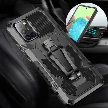 Shockproof protective phone case in black with rugged armor design and camera cutouts