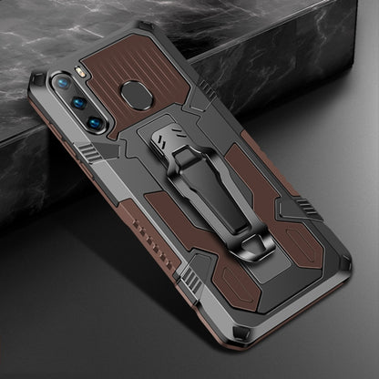 Rugged shockproof phone case in coffee brown with built-in kickstand and grippy texture