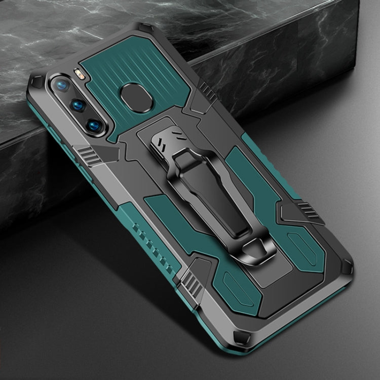 Rugged shockproof phone case in army green with built-in kickstand and textured panels