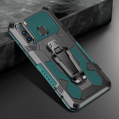 Rugged shockproof phone case in army green with built-in kickstand and textured panels