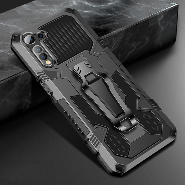 Rugged shockproof phone case in dark gray/black with built-in kickstand and armor design